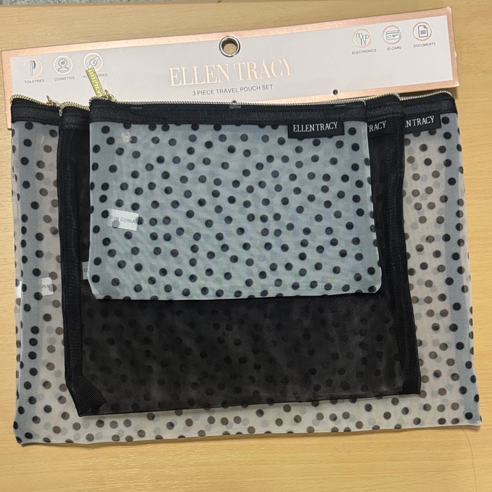 Ellen Tracy Black Polka Dot Mesh Cosmetic Pouch Set with Gold Zippers
